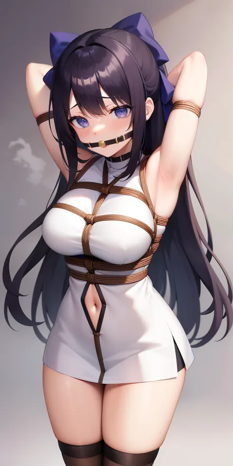 arms behind head, long_hair, looking_at_viewer, thighhighs, bow, bound, bdsm, bondage, rope, restrained, gag, shibari, bound_arms, ball_gag, shibari_over_clothes