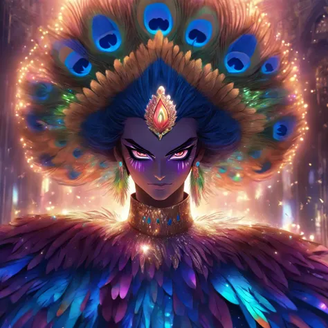 celestial male drag queen,peacock style massive dress,vivid colors,beautiful detailed eyes,beautiful detailed lips,exotic makeup,glittering feathers,sparkling accessories,colorful headpiece,high heels,stunning presence,dramatic lighting,studio photography,...