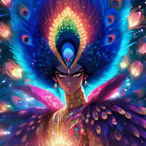 celestial male drag queen,peacock style massive dress,vivid colors,beautiful detailed eyes,beautiful detailed lips,exotic makeup,glittering feathers,sparkling accessories,colorful headpiece,high heels,stunning presence,dramatic lighting,studio photography,...