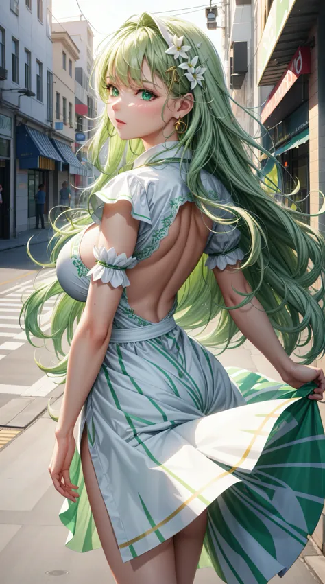 (best quality:1.5, highres, UHD, 4K, detailed lighting, shaders), green and white wavy hair, gradient hair, large breasts, woman white and green shirt, small skirt, green skirt, (pov), full body, white background, colorful eyeshadow, dramatic lighting, spa...