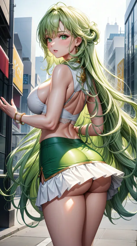 (best quality:1.5, highres, UHD, 4K, detailed lighting, shaders), green and white wavy hair, gradient hair, large breasts, woman white and green shirt, small skirt, green skirt, (pov), full body, white background, colorful eyeshadow, dramatic lighting, spa...