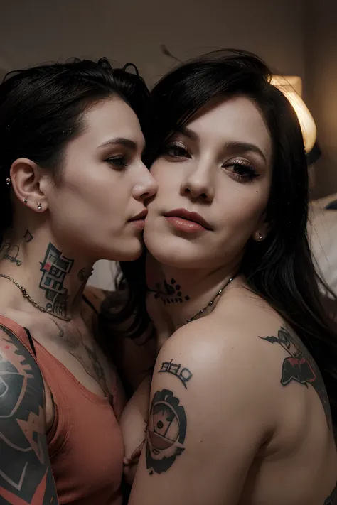 Two mature vampire tattoed and pierced kissing in bed, cyberpunk style