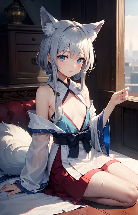 ​masterpiece,Top image quality,hight resolution,imagem 4k,Raw photo,Photorealsitic,{Solo},teens girl,silber hair,Wolfcut,stare at each other,Blue eyes,小柄,Silver fox ears,Fox tail,on the beds,shrine maiden,,boyish,,Wet、small tits,