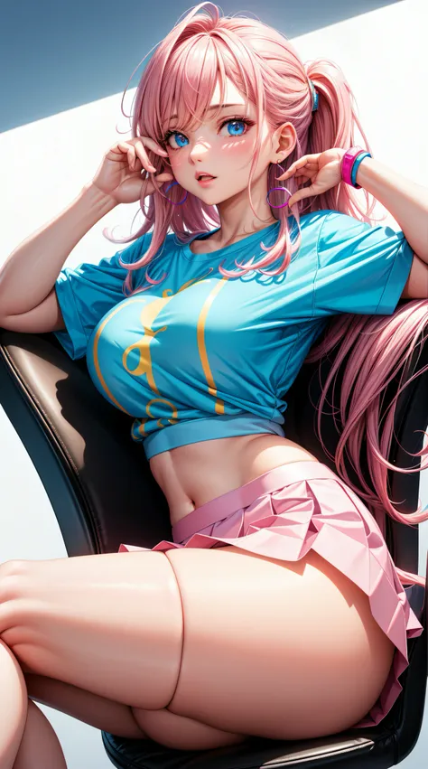 (best quality:1.5, highres, UHD, 4K, detailed lighting, shaders), white wavy hair, blue gradient hair, large breasts, woman shirt, small skirt, pink panties, pink skirt, (pov), full body, white background, colorful eyeshadow, dramatic lighting, sparkling e...