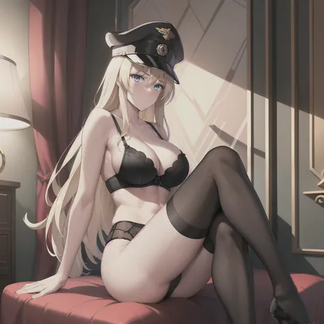 1girl,big breasts,hotel room,(8k),scratches,detailed face,blond hair,blue eyes,long hair,embarassed,shy,serious face, high_res, high_definition,sexy pose,black sexy lingerie,full body,military hat,