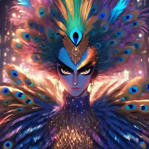 celestial male drag queen,peacock style massive dress,vivid colors,beautiful detailed eyes,beautiful detailed lips,exotic makeup,glittering feathers,sparkling accessories,colorful headpiece,high heels,stunning presence,dramatic lighting,studio photography,...