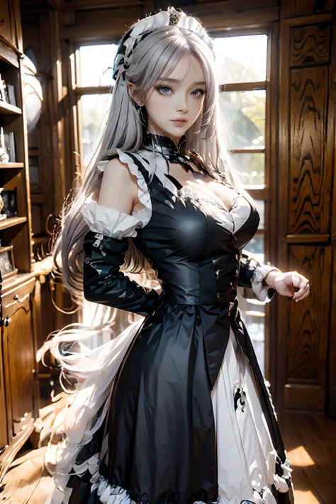 the woman, (european citizenship: 1.2) in a black and white outfit posing for a photo, maiden! dress, anime girl cosplay, anime ...