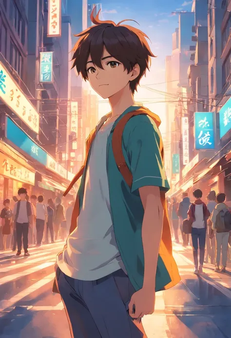 A boy, transformed into an anime style, with exaggerated unique facial features and clothing, standing on a bustling city street, backlit background highlighting the subject, high-contrast colors, 4K high-definition quality，young, smiling, handsome