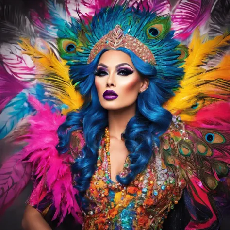 celestial male drag queen,peacock style massive dress,vivid colors,beautiful detailed eyes,beautiful detailed lips,exotic makeup,glittering feathers,sparkling accessories,colorful headpiece,high heels,stunning presence,dramatic lighting,studio photography,...