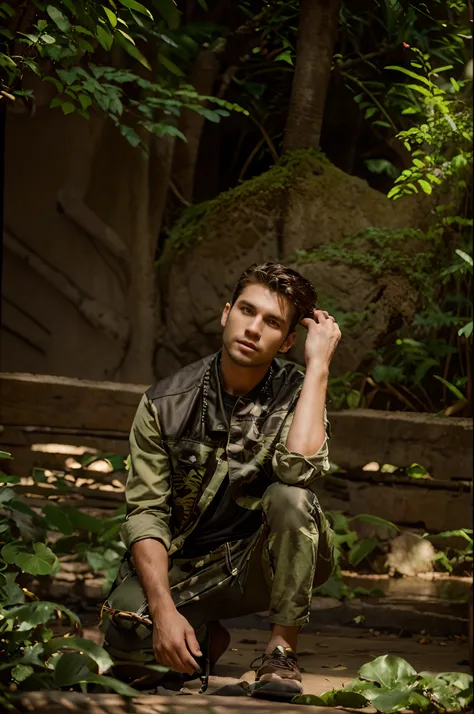 25-year-old handsome boy,  holding a large panther ，in jungle，depth of fields，high light，Real light，Ray traching，OC renderer，UE5 renderer，Hyper-realistic，best qualtiy，8K，Works of masters，super-fine,stylish  hair，Correct anatomy