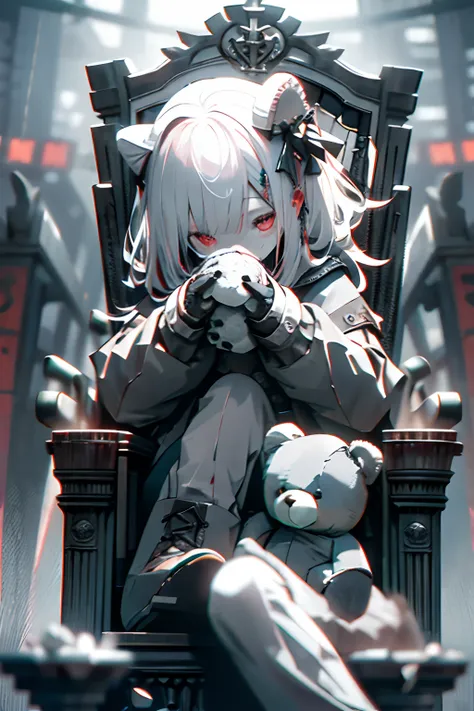 sitting in a throne、teddy bears、teddy bears、dead body、blood everywhere、blood splashing、dark hue、red hue、shinigami