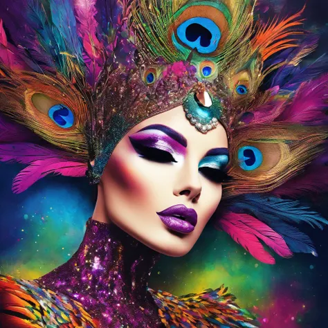 celestial male drag queen,peacock style massive dress,vivid colors,beautiful detailed eyes,beautiful detailed lips,exotic makeup,glittering feathers,sparkling accessories,colorful headpiece,high heels,stunning presence,dramatic lighting,studio photography,...