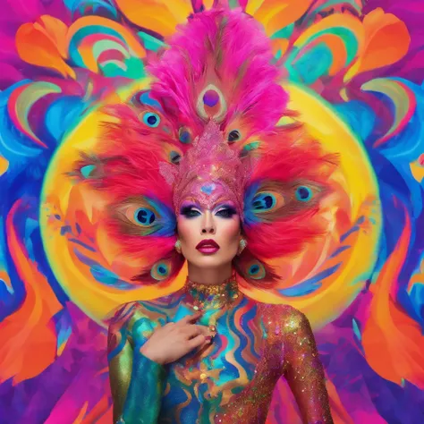 celestial male drag queen,peacock style massive dress,vivid colors,beautiful detailed eyes,beautiful detailed lips,exotic makeup,glittering feathers,sparkling accessories,colorful headpiece,high heels,stunning presence,dramatic lighting,studio photography,...