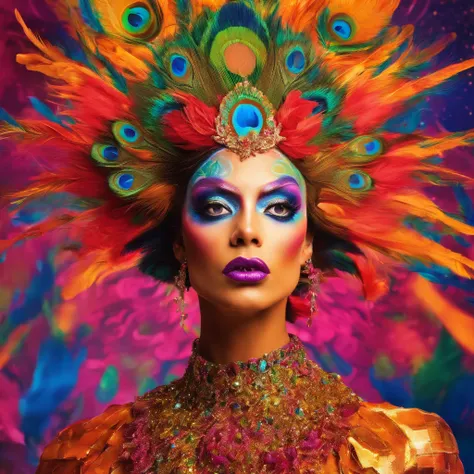 celestial male drag queen,peacock style massive dress,vivid colors,beautiful detailed eyes,beautiful detailed lips,exotic makeup,glittering feathers,sparkling accessories,colorful headpiece,high heels,stunning presence,dramatic lighting,studio photography,...