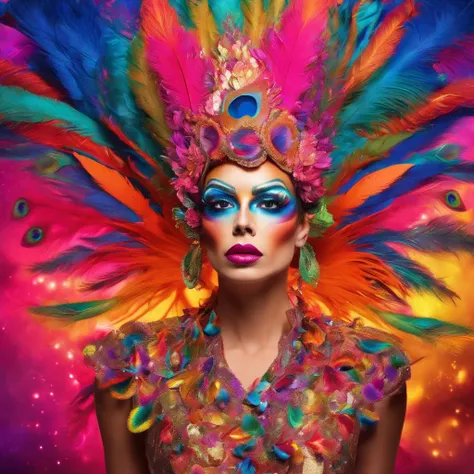 celestial male drag queen,peacock style massive dress,vivid colors,beautiful detailed eyes,beautiful detailed lips,exotic makeup,glittering feathers,sparkling accessories,colorful headpiece,high heels,stunning presence,dramatic lighting,studio photography,...