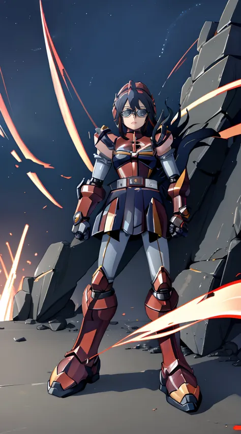 masterpiece (best quality): ryuko matoi wearing a full suit of megaman armor,proto-man armor, heavy armor gauntlets, heavy armor...