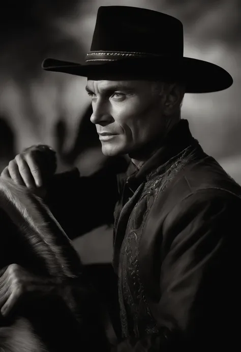 A DETAILED IMAGE OF Yul Brynner, dressed as a cowboy, all in black, Western genre, cinematography, 8k, dynamic dark action, pale and faded style, filmed in blueprint, broken lens, nostalgic dream. soft focus, dark vignettes, light leaks, medium photography...