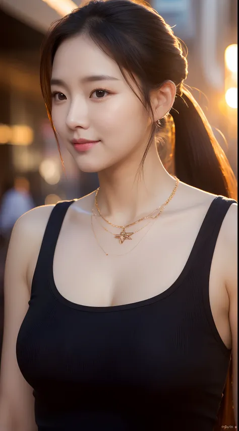 Realistic photos of (1 cute Korean star) ponytail, thin makeup, slightly smile, 32 inch breasts size, wearing black tank top, necklace, pants, standing at China town, sunset light, close-up portrait, UHD