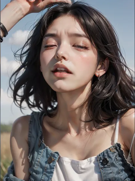 8yk、RAW photo、(masuter pcs)、(Exquisitely best quality)、high-res、(girl)、(Reality、Hphotorealistic:1.2), Upper body、Red camisole、Face up.、skinny、14 years、Small、Closed eyes、Deepest sadness.、sorrow、Look up at the sky.、opened mouth、Scream