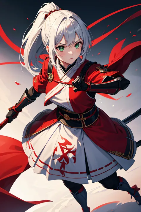 4k,hight resolution,One Woman,greyt hair,Short ponytail,Green eyes,Red Heros Clothing,White samurai armor,Long red gloves,Long red boots,Black spats,Excalibur