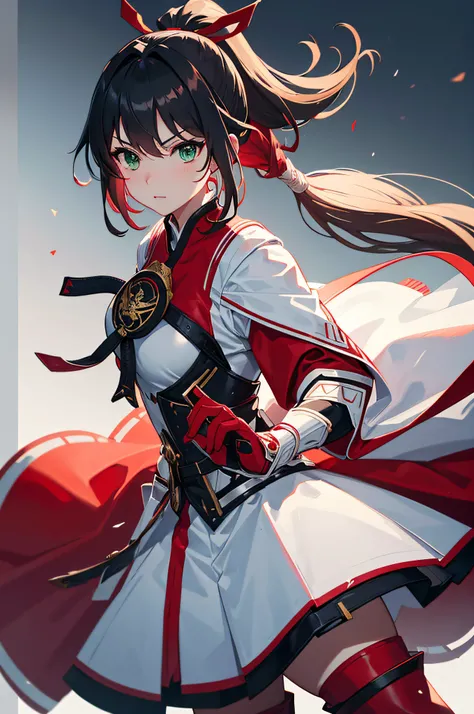 4k,hight resolution,One Woman,greyt hair,Short ponytail,Green eyes,Red Heros Clothing,White samurai armor,Long red gloves,Long red boots,Black spats,Excalibur