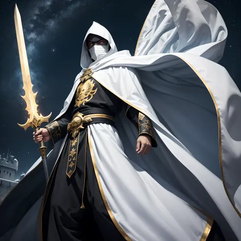 full body low angle shot of an intimidating male unarmored holy warrior with a large flowing white cloak with hood wearing a black and golden clothes and wielding a two-handed greatsword burning with golden flames standing on top of a castle tower on a sta...