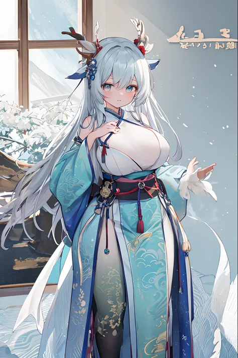 Foiled text,Dragons horn,deer antlers,Portrait,Realistic effect,female pervert,White-haired girl,Messy hair,ancient wind,cyan colors,cyan colors,Cyan Hanfu(With delicate and mysterious antique patterns),high-heels,The expression after the climax,winning ar...