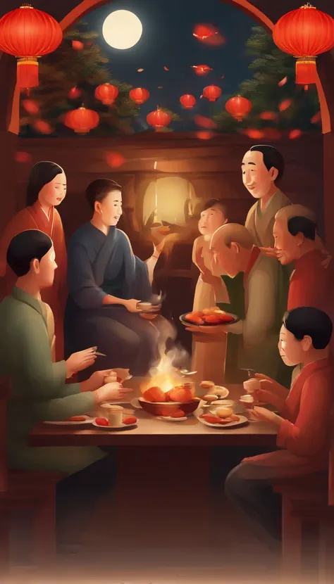 Family reunion dinner，Men honor their parents with gifts in their hands, Happy family, There are dumplings on the table,Spring coupling in hand， Fuzi tea and red lanterns, Another bright moon in the sky，warm and joyful atmosphere, Digital illustration, Pos...