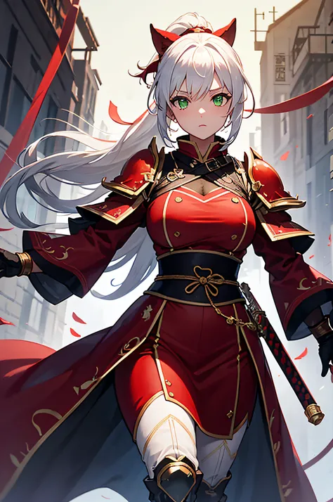 4k,hight resolution,One Woman,White hair,Short ponytail,Green eyes,large full breasts,Red Heros Clothing,White samurai armor,Long red gloves,Long red boots,Black spats,Excalibur