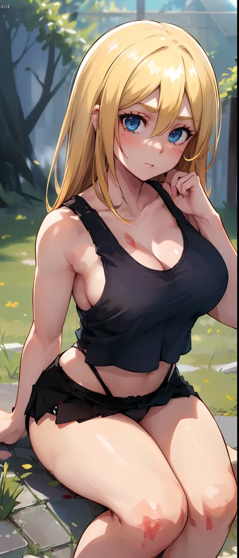 (day:1.7), Forest background,
sitting on the floor,sleeveless,((cropped tank top, panties, thug, blood on hands, blood on hair, dominant mistress, prison)), thighs,
blonde hair,blue eyes,bangs, Long_hair,(hair between eyes:1.3),
1 girl, 20yo,mature female,...