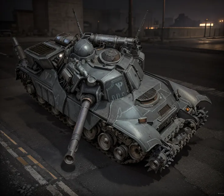 Large modern retro-Soviet dieselpunk style tank, gray color with purple details, low light, night light, destroyed pavement, fire, smoke, ultra realistic, Ultra detailed, Hyper realistic, 4k, Ultra detailed image, realistic, Highly detailed, perfect compos...