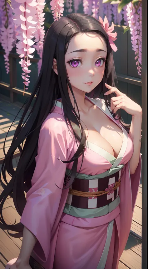 巨作, (Pink Kimono), Seductive face, Large breasts with cleavage，Good lighting, neckline, small details, 巨作, glowing eyes, 1girll, Black hair, on face, Nezuko Kamado, Wisteria wallpaper, Best Quality, Angle of view,