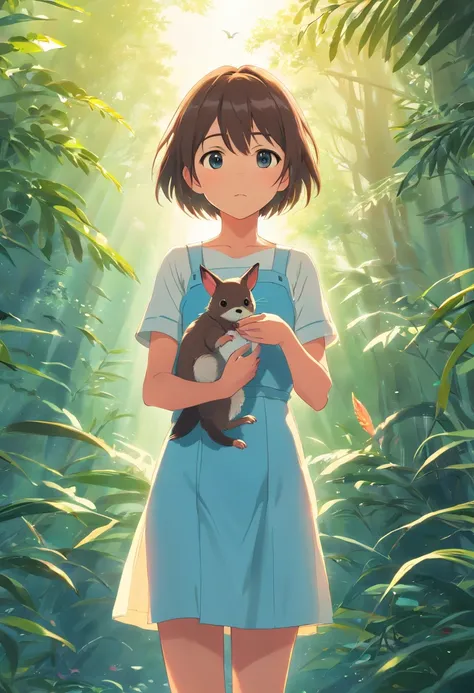 (La mejor calidad,altas:1.2),fotorrealista,anime,princesa,muchacha,vestido blanco,little guy,Bonito,perro de dibujos animados,(Girl Lowered Holding A Small Injured Bird)in your handsRio Claro,selva tropical,luz solar,contacto visual