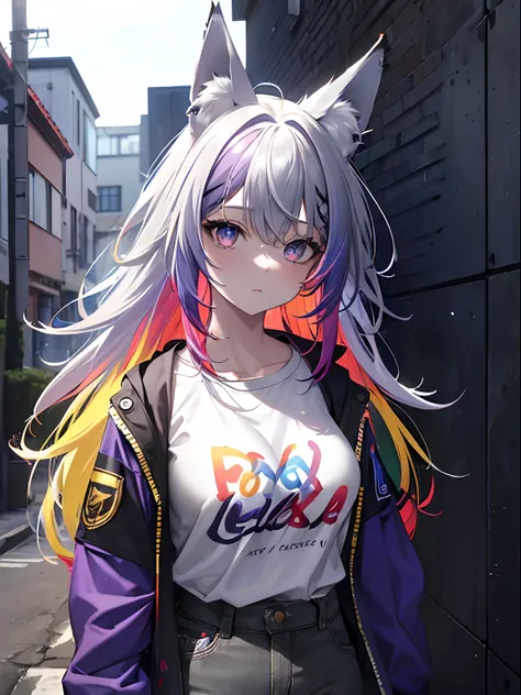 (masterpiece,best quality,ultra-detailed),1girl,(multicolored hair,blue yellow red purple hair),messy hair, multicolored shirt, multicolored jacket,(fox ears),beautiful eyes,(colored skin, grey-blue skin),in a alleyway,(grey theme),(pastel colors theme)