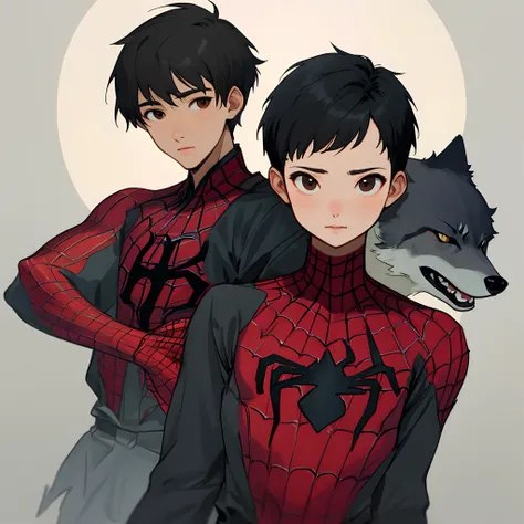 Asian and puerto rican short girl black hair dark brown eyes wolf hair cut spiderman