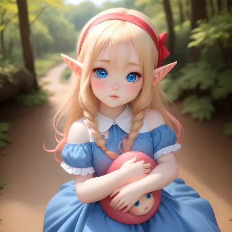 Elf, blond hair, blue eyes, pink dress, chibi head, red head band