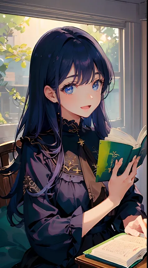 (Solo, 1girl), (masterpiece, highest quality, Super Detail:1.6), 8K, Best Quality, reading an old book, holding a book close to face, (navy blue hair), Anime, wavy hair, wearing black long sleeve blouse, long skirts, high neck blouse, (front view, frontal ...