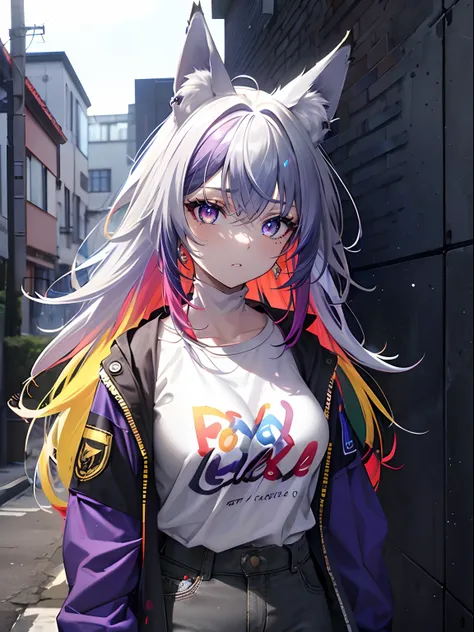 (masterpiece,best quality,ultra-detailed),1girl,(multicolored hair,blue yellow red purple hair),messy hair, multicolored shirt, multicolored jacket,(fox ears),beautiful eyes,(colored skin, grey-blue skin),in a alleyway,(grey theme),(pastel colors theme)