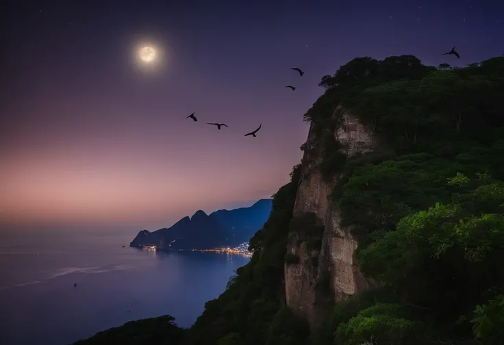 some vultures flying in circles on the edge of the cliff, sobrevoando o morro da Vista Chinesa ao fundo do Rio de Janeiro, Luzes, noite escura, com muitas sombras, stars and full moon in the sky and many trees coming down the cliff