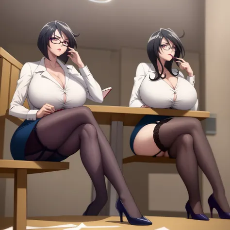 (masterpiece, highres, high quality:1.2), intricate details, cinematic lighting, ambient occlusion,
WakatsukiRisa, 1girl, solo, mature female, milf, full body, sitting on table, crossed legs, (hand on eyewear:1.4), papers, too many books, room, looking at ...