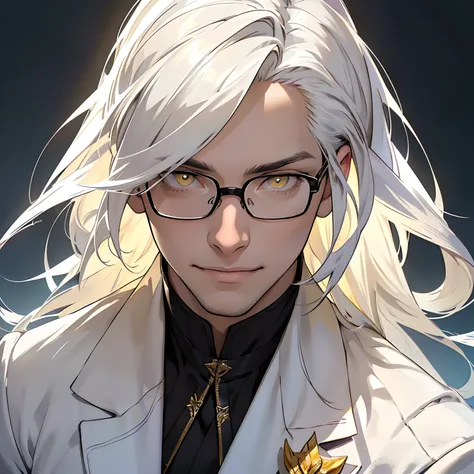 (hight resolution,masutepiece:1.2),Young man with long gray hair, (Yellow eyes),(Wearing a white suit), (Detailed face and facial features), (Sharp Focus), (Realistic lighting), (Vivid colors),(Photorealistic),(Portrait),(mature and distinguished appearanc...