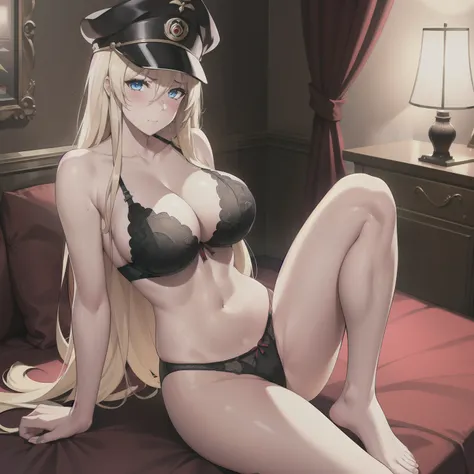 1girl,big breasts,hotel room,(8k),scratches,detailed face,blond hair,blue eyes,long hair,embarassed,blush,shy, high_res, high_definition,sexy pose,black sexy lingerie,full body,military hat,