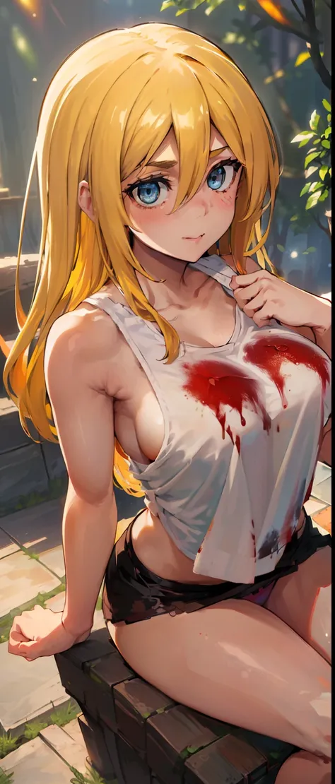 (day:1.7), Forest background,
sitting on the floor,sleeveless,((cropped tank top, panties, thug, blood on hands, blood on hair, dominant mistress, prison, doing something sadistic and savage)), thighs,
blonde hair,blue eyes,bangs, Long_hair,(hair between e...