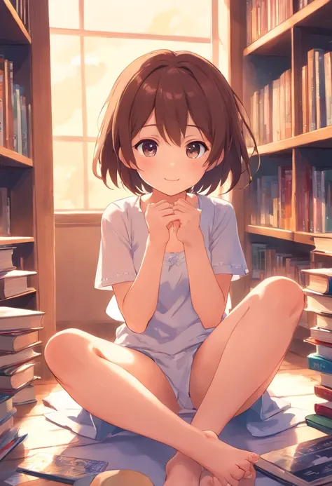 Cute loli，Barefoot，Tummy down，head looking up，Raise your feet，nude, naked, small breast, no clothes, vaginal，largeeyes，Anime cute face，looking at book,no panties, no bra