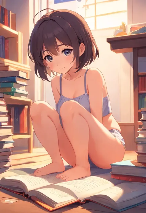 loli，Barefoot，Tummy down，head looking up，Raise your feet，, naked, small breast, , vaginal，largeeyes，Anime cute face，looking at book,, no bra