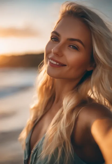 Blond girl taking a selfie at the beach