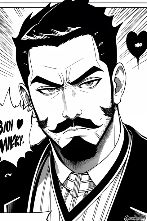 ,manga-style, retrato, rosto de frente, homem negro, bigode pequeno, big lips, careca, heart-shaped hair, blazer, brincos,