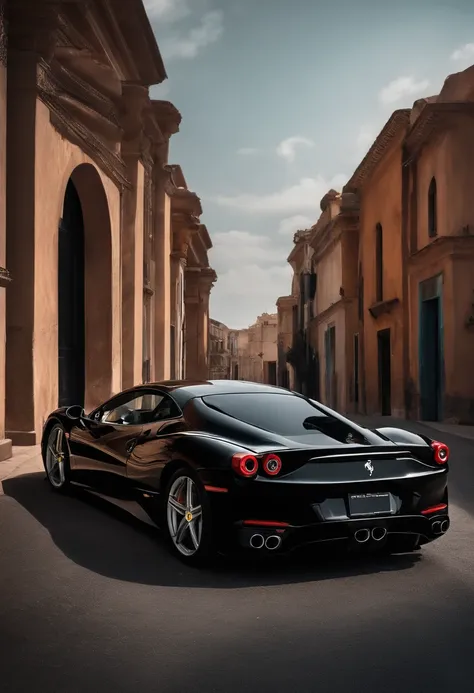 black ferrari on a planet with deserted streets