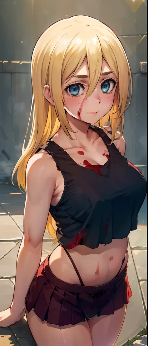 (day:1.7), Forest background,
sitting on the floor,sleeveless,(((cropped tank top, panties, thug, blood on hands, blood on hair, dominant mistress, prison, doing something sadistic and savage))), thighs,
blonde hair,blue eyes,bangs, Long_hair,(hair between...