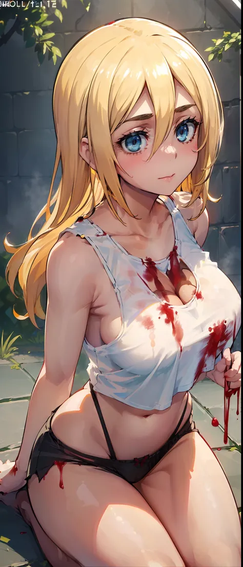 (day:1.7), Forest background,
sitting on the floor,sleeveless,(((cropped tank top, panties, thug, blood on hands, blood on hair, dominant mistress, prison, doing something sadistic and savage))), thighs,
blonde hair,blue eyes,bangs, Long_hair,(hair between...